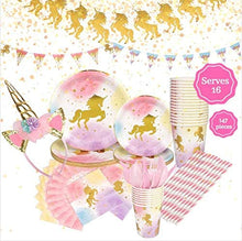 Load image into Gallery viewer, Unicorn Party Decorations by Aliza | Girl Princess Toddler Kids Birthday Pastel Rainbow Pink Decorations – Cups Plates Signs Napkins Balloons Tablecloth Utensils – Decorations for Girls – Serves