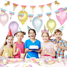 Load image into Gallery viewer, Unicorn Party Decorations by Aliza | Girl Princess Toddler Kids Birthday Pastel Rainbow Pink Decorations – Cups Plates Signs Napkins Balloons Tablecloth Utensils – Decorations for Girls – Serves