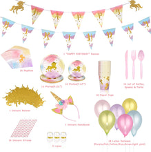Load image into Gallery viewer, Unicorn Party Decorations by Aliza | Girl Princess Toddler Kids Birthday Pastel Rainbow Pink Decorations – Cups Plates Signs Napkins Balloons Tablecloth Utensils – Decorations for Girls – Serves