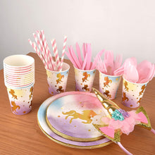 Load image into Gallery viewer, Unicorn Party Decorations by Aliza | Girl Princess Toddler Kids Birthday Pastel Rainbow Pink Decorations – Cups Plates Signs Napkins Balloons Tablecloth Utensils – Decorations for Girls – Serves