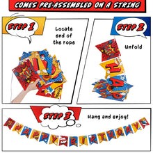 Load image into Gallery viewer, Superhero Birthday Party Supplies Banner by Aliza | Baby Boy Toddler Kids Birthday Super Hero Decorations – Huge 8-foot Superhero Garland Decor – The Perfect Decoration for your Party