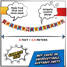 Load image into Gallery viewer, Superhero Birthday Party Supplies Banner by Aliza | Baby Boy Toddler Kids Birthday Super Hero Decorations – Huge 8-foot Superhero Garland Decor – The Perfect Decoration for your Party