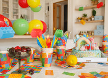 Load image into Gallery viewer, Building Block Birthday Party Supplies by Aliza | Baby Boy Toddler Kids Birthday Brick Decorations – Cups Plates Signs Napkins Balloons Tablecloth Utensils – Decorations for Boys and Girls – Serves 25