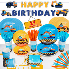 Load image into Gallery viewer, Construction Birthday Party Supplies by Aliza | Baby Boy Toddler Kids Dump Truck Car Tractor Transportation Decorations – Cups Plates Signs Napkins Tablecloth Utensils – Decorations for Boys and Girls – Serves 25