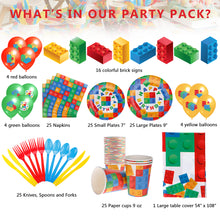 Load image into Gallery viewer, Building Block Birthday Party Supplies by Aliza | Baby Boy Toddler Kids Birthday Brick Decorations – Cups Plates Signs Napkins Balloons Tablecloth Utensils – Decorations for Boys and Girls – Serves 25