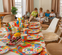 Load image into Gallery viewer, Building Block Birthday Party Supplies by Aliza | Baby Boy Toddler Kids Birthday Brick Decorations – Cups Plates Signs Napkins Balloons Tablecloth Utensils – Decorations for Boys and Girls – Serves 25