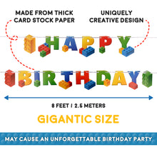 Load image into Gallery viewer, Building Block Birthday Party Supplies Banner by Aliza | Baby Boy Toddler Kids Birthday Decorations – Huge 7-feet Long Brick Themed Birthday Decor – The Perfect Decoration for Your Party