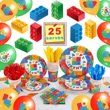 Load image into Gallery viewer, Building Block Birthday Party Supplies by Aliza | Baby Boy Toddler Kids Birthday Brick Decorations – Cups Plates Signs Napkins Balloons Tablecloth Utensils – Decorations for Boys and Girls – Serves 25