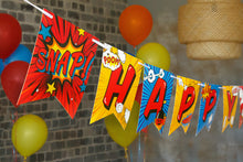 Load image into Gallery viewer, Superhero Birthday Party Supplies Banner by Aliza | Baby Boy Toddler Kids Birthday Super Hero Decorations – Huge 8-foot Superhero Garland Decor – The Perfect Decoration for your Party