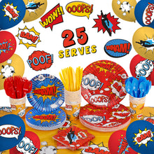 Load image into Gallery viewer, Superhero Birthday Party Supplies by Aliza | Baby Boy Toddler Kids Birthday Super Hero Decorations – Cups Plates Signs Napkins Balloons Tablecloth Utensils – Decorations for Boys and Girls – Serves 25