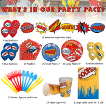 Load image into Gallery viewer, Superhero Birthday Party Supplies by Aliza | Baby Boy Toddler Kids Birthday Super Hero Decorations – Cups Plates Signs Napkins Balloons Tablecloth Utensils – Decorations for Boys and Girls – Serves 25