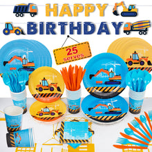 Load image into Gallery viewer, Construction Birthday Party Supplies by Aliza | Baby Boy Toddler Kids Dump Truck Car Tractor Transportation Decorations – Cups Plates Signs Napkins Tablecloth Utensils – Decorations for Boys and Girls – Serves 25
