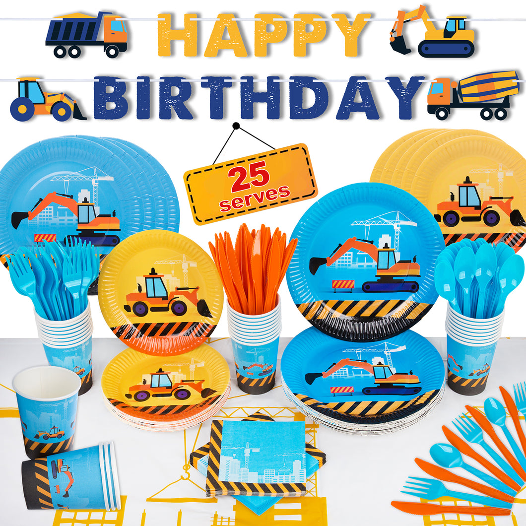 Construction Birthday Party Supplies by Aliza | Baby Boy Toddler Kids Dump Truck Car Tractor Transportation Decorations – Cups Plates Signs Napkins Tablecloth Utensils – Decorations for Boys and Girls – Serves 25